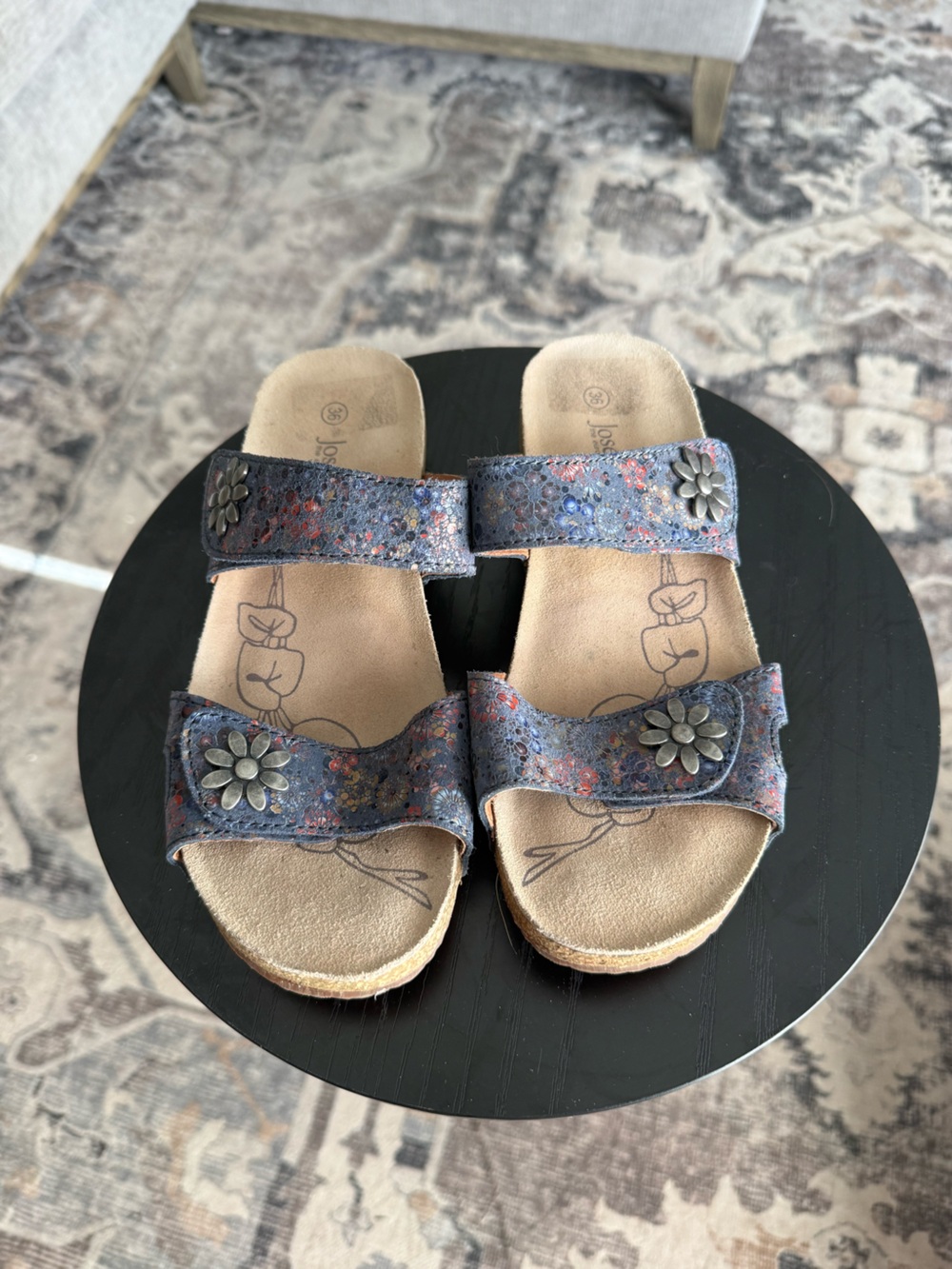 Josef Seibel Blue Multicolor Floral Accent Double-Strap Sandals EU 36